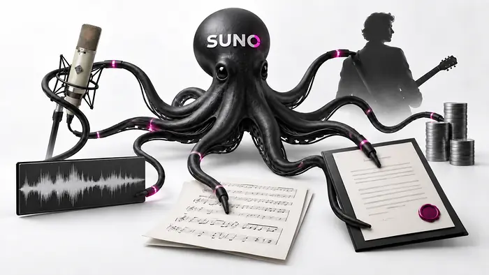 Schwarze Krake mit dem Schriftzug Suno, deren Tentakel nach einem Studiomikrofon, einem Musiker, Musiknoten, einem Vertrag, einer Audiodatei und Einnahmen greifen. Symbolbild für die Auswirkungen von KI-Verträgen auf Künstler und Songwriter.